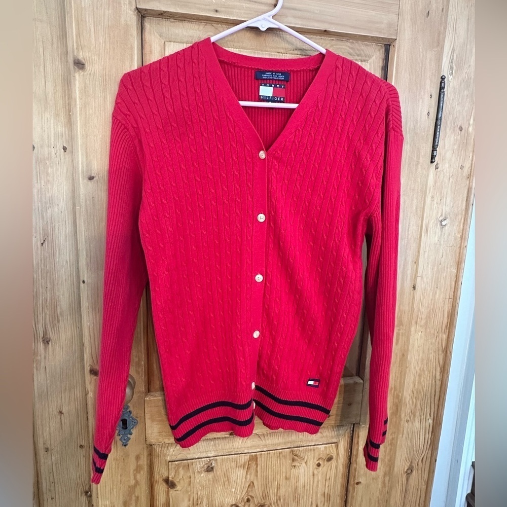 Tommy Hilfiger Vintage Academia Fitted Red Cardigan Ribbed w/Stretch Size Medium
